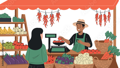 Male vendor at a fruit and vegetable stall helping a female customer, surrounded by baskets of fresh produce under a red awning.