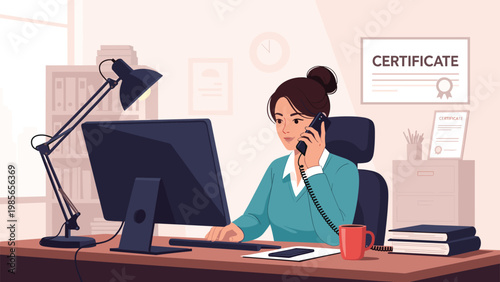Professional woman sitting at an office desk with a computer and lamp while talking on a telephone in a workspace with awards.