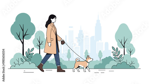 Woman in a tan coat enjoys a peaceful walk with her Shiba Inu dog through a green city park with skyscrapers visible in the distance.