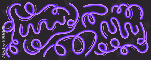 Abstract squiggle doodle curved wavy lines in dynamic pattern, vector illustration isolated on black background. Neon purple gradient twists and loops, modern graphic design elements with fluid shapes
