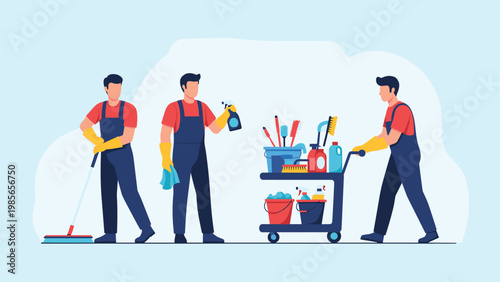 Team of professional cleaners with specialized equipment and a supply cart ready to provide commercial cleaning services.