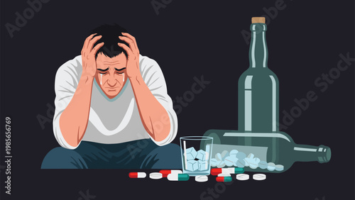 Distraught man sits in darkness with his head in his hands suffering from despair and surrounded by alcohol bottles and scattered pill capsules.