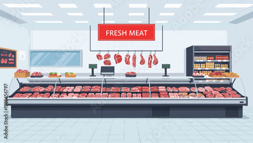 Modern butcher shop counter displays a wide variety of fresh meat cuts including steaks and roasts with hanging sausages behind the glass case.