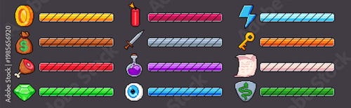 Photos Pixel game bars set with asset icons isolated on black background