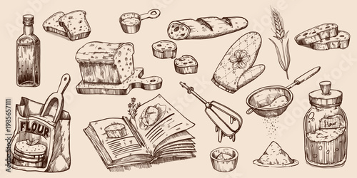 Hand drawn bakery sketch vector illustrations isolated on background. Flour bag and sifter, wheat ear with grains, rye bread loaf and baguette slices. Rustic vintage set with sieve, recipe book