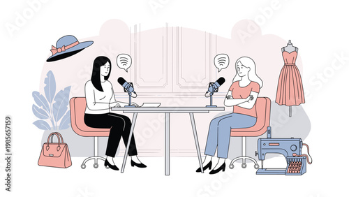 Two women recording a podcast episode about fashion, sewing, and design in a professional studio environment.