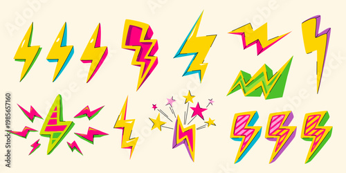 Retro groovy pop art lightning icons, battery charging sticker set , cartoon vector illustrations isolated on background. Vibrant energy flashes and sparks, light bolt outlines, vintage power symbols