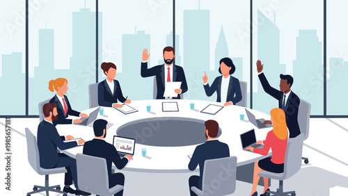 Group of professional business people in suits holds a productive meeting around a large circular table in a modern office with city views.