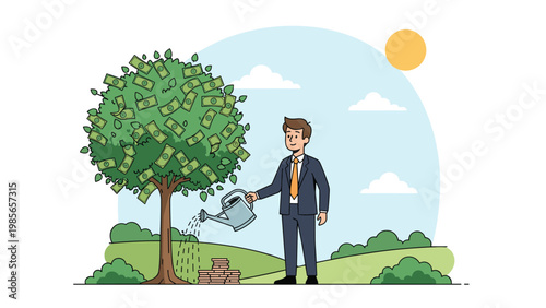 Successful businessman watering a tree with money leaves to represent growth, investment, and wealth generation.