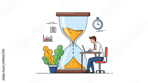 Man works diligently at his laptop next to a giant hourglass illustrating the importance of time management and meeting project deadlines.