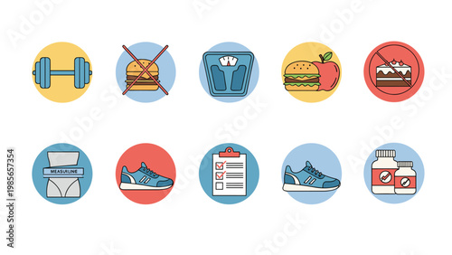Set of ten icons representing a healthy lifestyle includes exercise equipment, nutritious food, weight scales, and daily check lists.