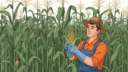Proud farmer wearing a hat and overalls stands in the middle of a tall cornfield while carefully inspecting a ripe ear of golden corn.