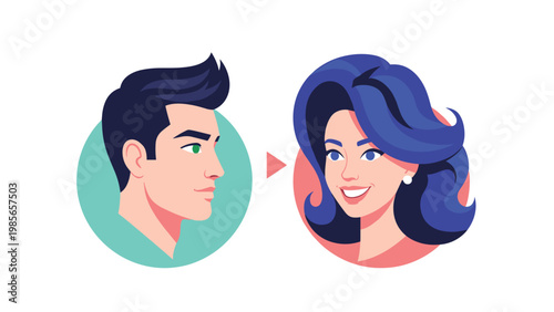 Profile view of a male and female face illustrating a concept of transformation, gender transition, or a cosmetic makeover.