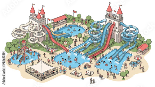 Wide view of an outdoor water park with colorful slides, swimming pools, and castles for family summer fun.