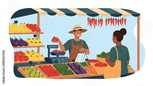 Friendly market vendor in a straw hat assists a female customer at his vegetable stall filled with fresh tomatoes, peppers, and bananas.