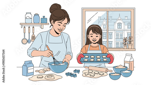 Mother and daughter enjoy baking cookies together in a bright kitchen with one whisking dough and the other holding a tray of treats.
