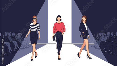 Group of fashion models walking on a stage runway during a show under bright spotlights with an audience watching.