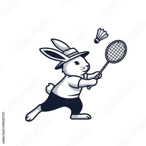 Rabbit Athlete Playing Badminton With Racket and Shuttlecock Mascot Design