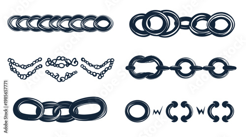 Stylized, dark blue chain illustrations.  Various chain link formations presented.  Abstract concepts