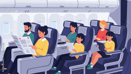 Airplane passengers sitting in their seats during a flight reading newspapers and tablets while traveling.
