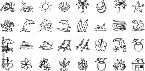 Hand-drawn Summer Holiday Beach Travel Vector Icon Set Collection Illustrating Ocean Vacation Elements Tropical Island Activity Design Graphics for Web and Print