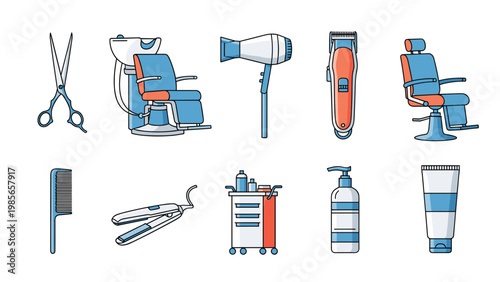 Collection of essential hair salon and barber equipment icons including sharp scissors, hair dryer, and styling chairs.
