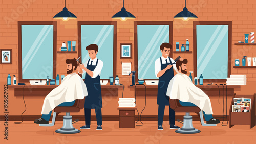 Professional barbers providing haircuts and grooming services to male clients in a stylish modern barbershop interior.