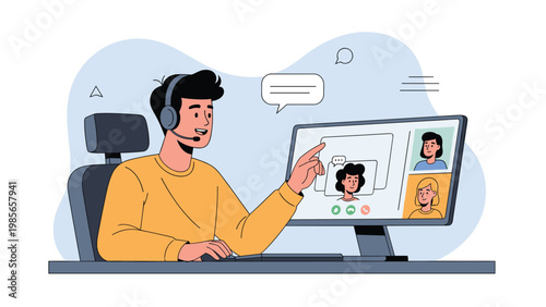 Young man wearing a headset participating in a video conference with multiple participants on a computer screen in a home office.