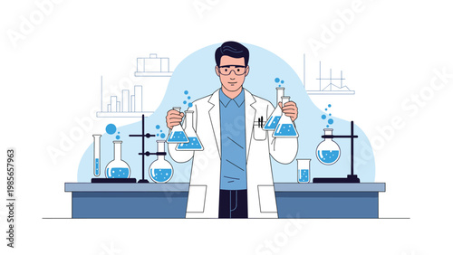 Professional scientist in a white lab coat and safety goggles working with chemical solutions in glass flasks in a lab.