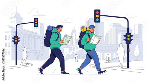 Two young tourists with backpacks and maps walking across a city street with traffic lights and buildings in the background.