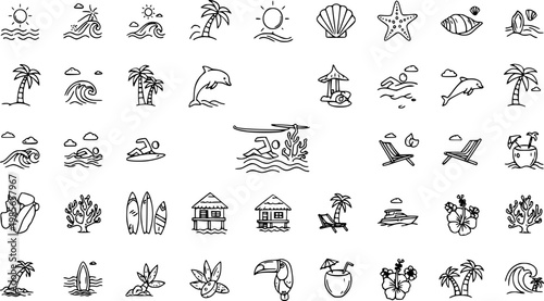 Canvas Print Hand drawn summer beach and tropical vacation vector graphic illustration icon collection for holiday travel and leisure design