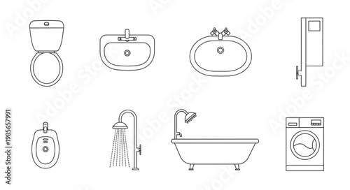 Collection of bathroom fixtures and appliances line art drawings.