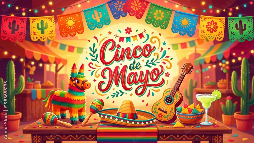 Fototapeta premium Festive Cinco de Mayo table with pinata, sombrero, maracas, guitar, margarita glass and nachos. Colorful Mexican holiday decorations in market stall setting. Spanish text Cinco de Mayo for