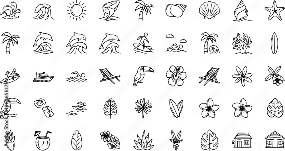 Fototapeta premium Vector Graphic Illustration of Hand-Drawn Tropical Vacation and Summer Icons Set for Travel Beach Holiday Designs