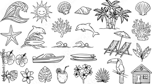 Vector Illustration Set of Tropical Beach and Ocean Themed Elements Hand Drawn in Doodle Line Art Style Perfect for Summer Vacation Designs