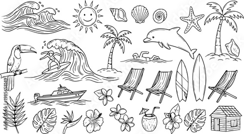 Tropical Summer Beach Vacation Hand Drawn Vector Illustration Collection Set Featuring Various Holiday Elements and Icons for Design