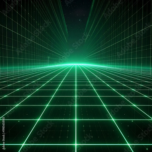 Green Digital Matrix Tunnel with Glowing Grid and Particles in Futuristic Metaverse