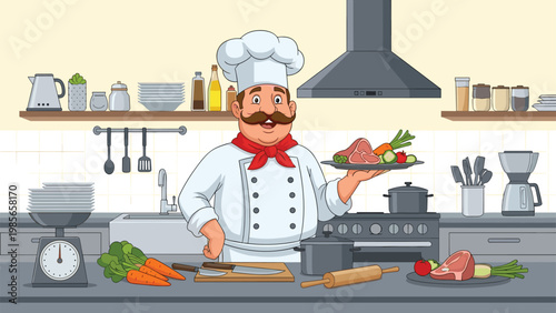 Jolly professional chef with a mustache presenting a plate of cooked meat and vegetables in a well-equipped commercial kitchen.