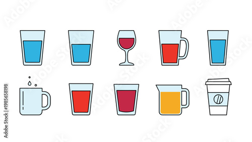 Collection of glassware icons featuring various drinks like fresh water, red wine, juice, hot coffee, and herbal tea.