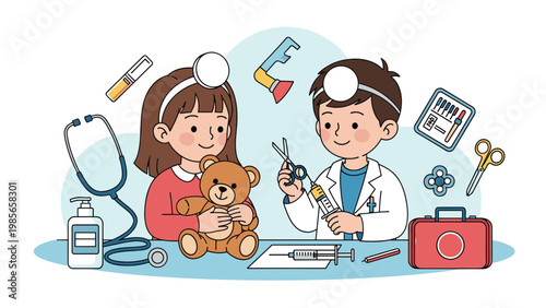 Two young children playing doctor with a teddy bear, surrounded by various medical tools like a stethoscope, syringe, and kit.
