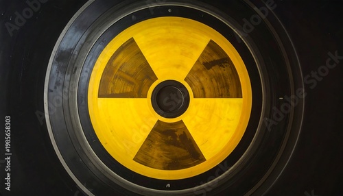 A close-up of a yellow and black radiation symbol