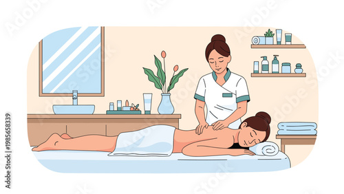 Woman receiving a professional back massage from a female therapist in a peaceful spa or wellness center environment with plants.