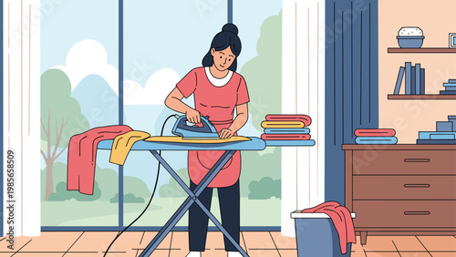 Woman in a red dress carefully ironing clothes on an ironing board in a cozy living room with large windows showing a park.