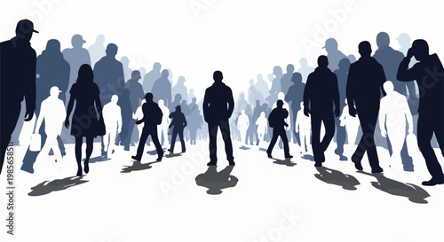 A crowd of diverse individuals silhouetted against a bright, white background