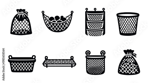 Assorted mesh baskets and hanging containers on dark background