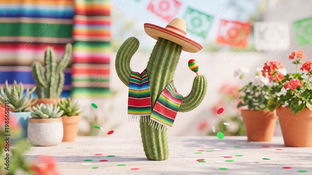 Naklejka premium Cactus dressed in sombrero and colorful serape holding maraca. Festive Mexican plant decoration for Cinco de Mayo. Holiday celebration theme with pinata paper confetti flowers and succulents on