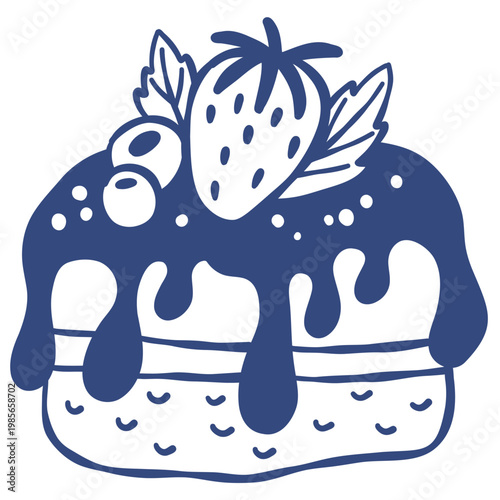Hand drawn outline illustration of a strawberry cake slice with chocolate glaze and fresh berries. Minimal doodle style dessert icon perfect for bakery menus, packaging, stickers, sweet food design