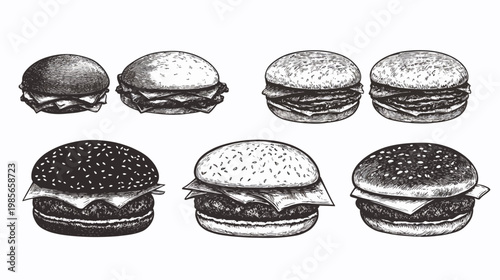 Seven hand-drawn, grayscale illustrations of burgers, varying in detail and composition on a white background