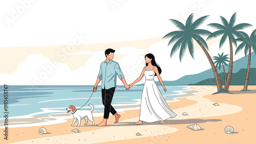Romantic couple walking hand-in-hand along a sandy beach with their dog during a calm sunset with palm trees in the background.