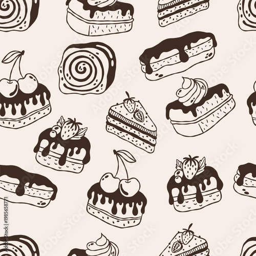 Seamless pattern with hand drawn dessert cakes, eclairs and sweet pastries in doodle style. Chocolate glazed sweets with berries create a cozy background perfect for packaging, bakery branding